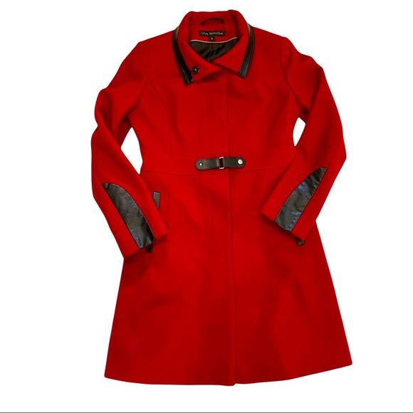 Via Spiga Red Wool + Black Faux Leather Posh Peatcoat - Picture 3 of 16